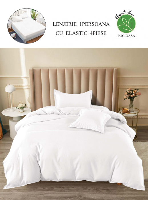Lenjerie finet uni pentru pat simplu, 4 piese, cearsaf cu elastic, LFU0176-1E4 [3]