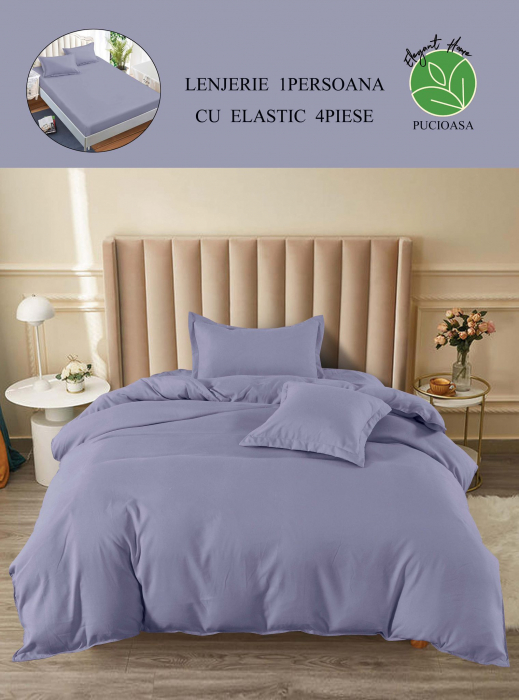 Lenjerie finet uni pentru pat simplu, 4 piese, cearsaf cu elastic, LFU0177-1E4 [3]