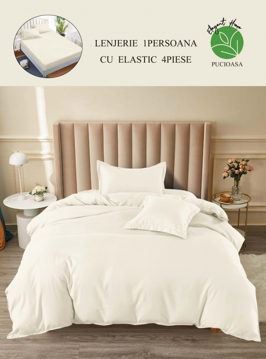 Lenjerie finet uni pentru pat simplu, 4 piese, cearsaf cu elastic, LFU0178-1E4 [3]