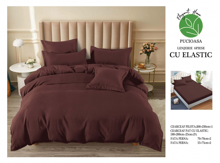 Lenjerie finet uni pentru pat dublu, 6 piese, cearsaf cu elastic, LFU0179-2E6 [3]