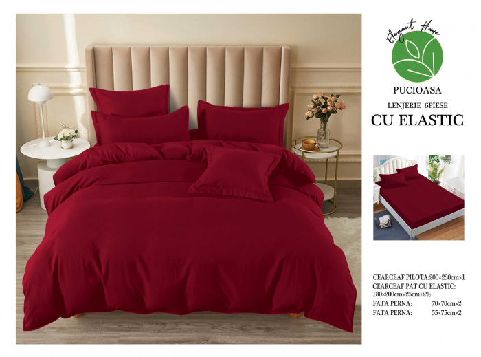 Lenjerie finet uni pentru pat dublu, 6 piese, cearsaf cu elastic, LFU0180-2E6 [3]