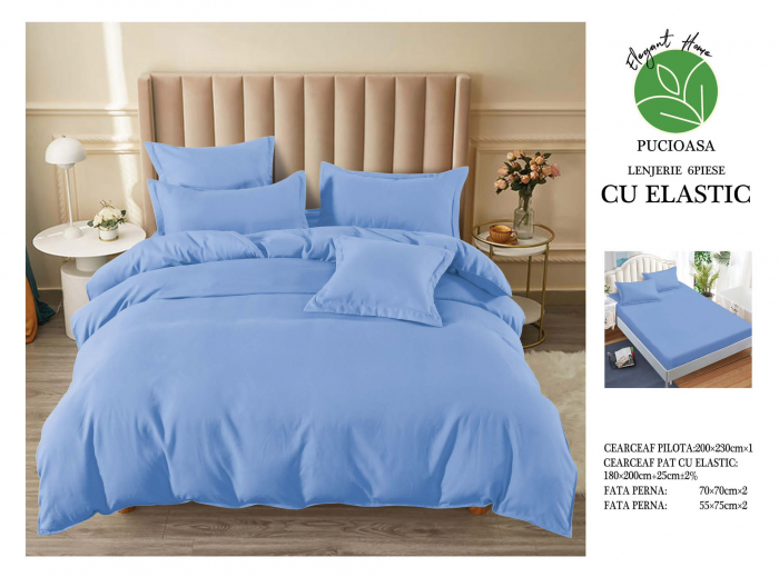 Lenjerie finet uni pentru pat dublu, 6 piese, cearsaf cu elastic, LFU0181-2E6 [3]