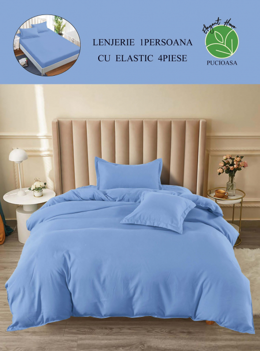 Lenjerie finet uni pentru pat simplu, 4 piese, cearsaf cu elastic, LFU0181-1E4 [3]