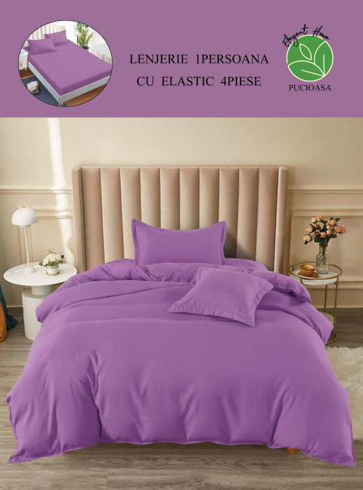 Lenjerie finet uni pentru pat simplu, 4 piese, cearsaf cu elastic, LFU0183-1E4 [3]
