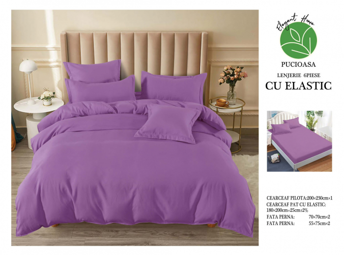 Lenjerie finet uni pentru pat dublu, 6 piese, cearsaf cu elastic, LFU0183-2E6 [3]