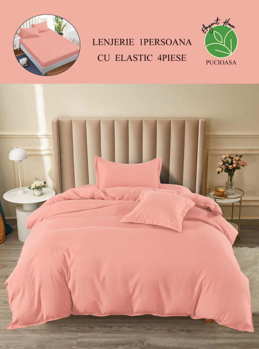 Lenjerie finet uni pentru pat simplu, 4 piese, cearsaf cu elastic, LFU0184-1E4 [3]