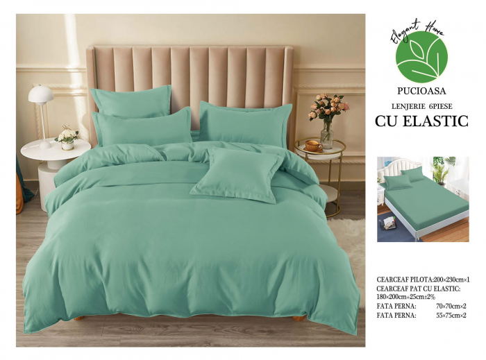 Lenjerie finet uni pentru pat dublu, 6 piese, cearsaf cu elastic, LFU0185-2E6 [3]
