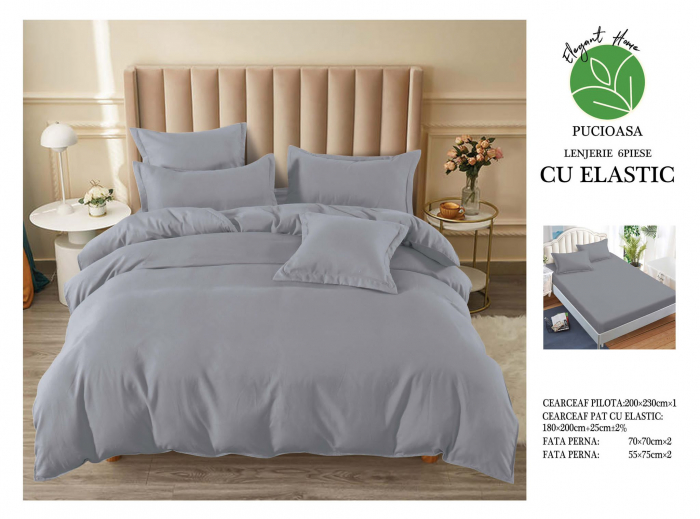 Lenjerie finet uni pentru pat dublu, 6 piese, cearsaf cu elastic, LFU0186-2E6 [3]