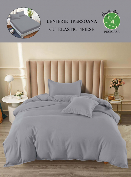 Lenjerie finet uni pentru pat simplu, 4 piese, cearsaf cu elastic, LFU0186-1E4 [3]