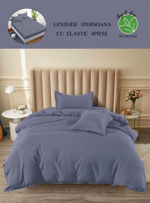 Lenjerie finet uni pentru pat simplu, 4 piese, cearsaf cu elastic, LFU0187-1E4 [3]