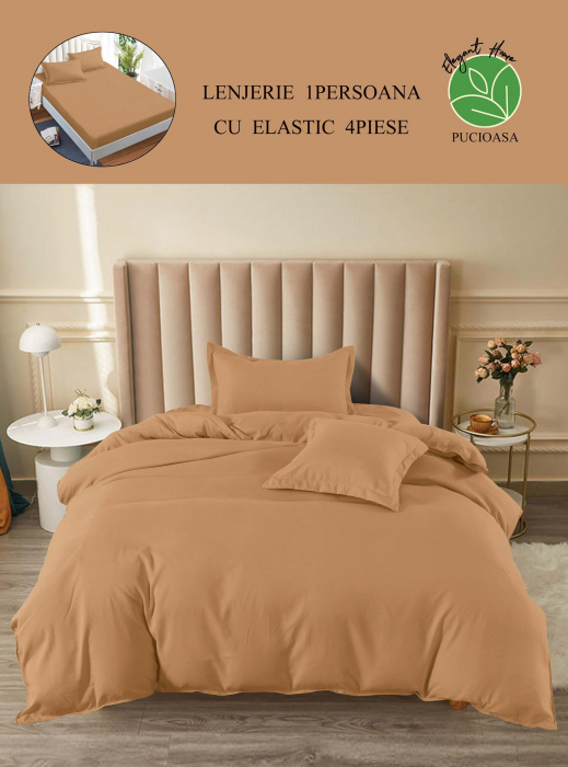 Lenjerie finet uni pentru pat simplu, 4 piese, cearsaf cu elastic, LFU0188-1E4 [3]