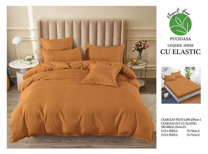 Lenjerie finet uni pentru pat dublu, 6 piese, cearsaf cu elastic, LFU0190-2E6 [3]