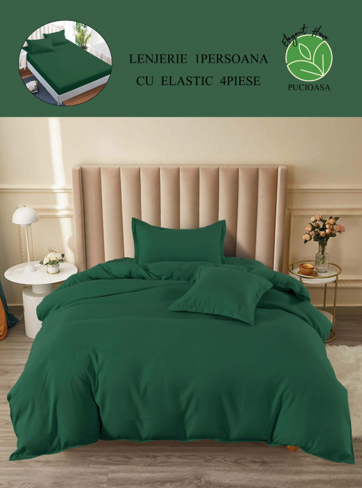 Lenjerie finet uni pentru pat simplu, 4 piese, cearsaf cu elastic, LFU0191-1E4 [3]