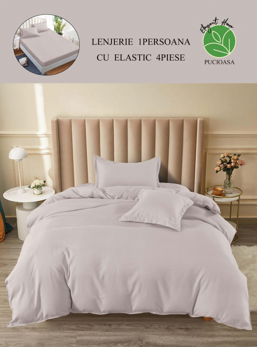 Lenjerie finet uni pentru pat simplu, 4 piese, cearsaf cu elastic, LFU0192-1E4 [3]