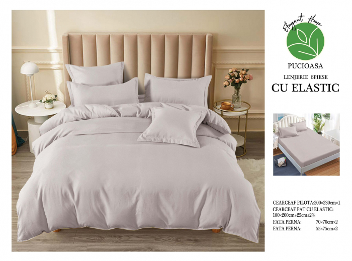 Lenjerie finet uni pentru pat dublu, 6 piese, cearsaf cu elastic, LFU0192-2E6 [3]