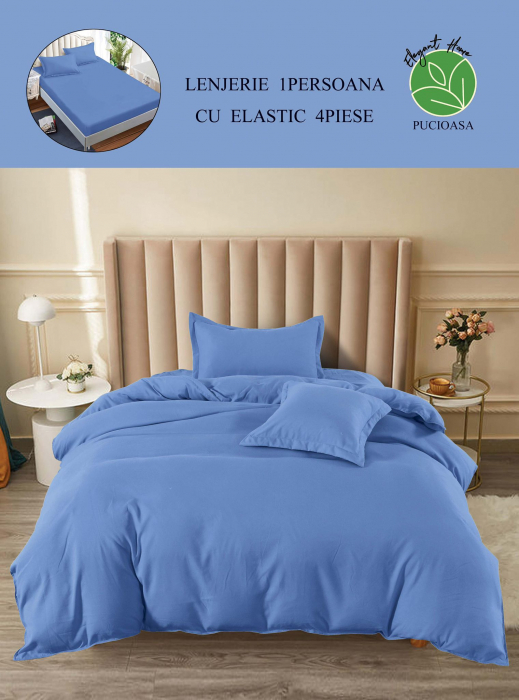 Lenjerie finet uni pentru pat simplu, 4 piese, cearsaf cu elastic, LFU0193-1E4 [3]