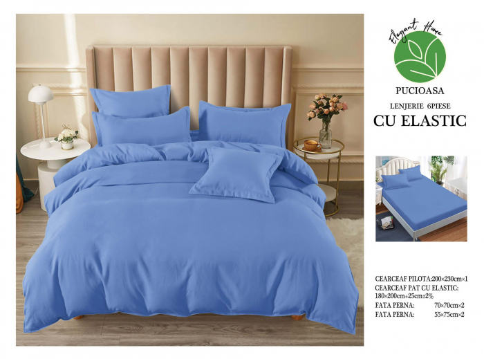 Lenjerie finet uni pentru pat dublu, 6 piese, cearsaf cu elastic, LFU0193-2E6 [3]