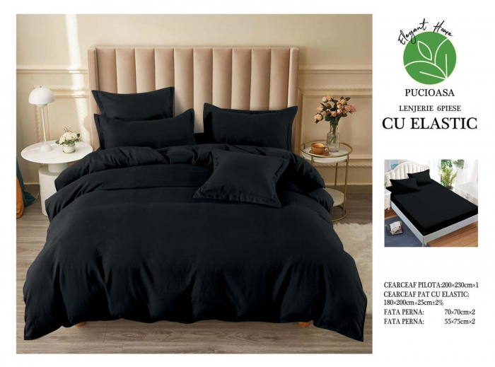 Lenjerie finet uni pentru pat dublu, 6 piese, cearsaf cu elastic, LFU0194-2E6 [3]