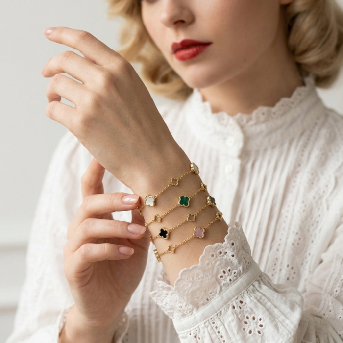 Brățară Clover Pearl din Argint 925 Placată cu Aur 14K și Sidef Natural [4]