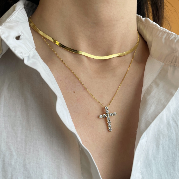 Colier Cruce Argint Gold cu Zirconiu Alb [2]