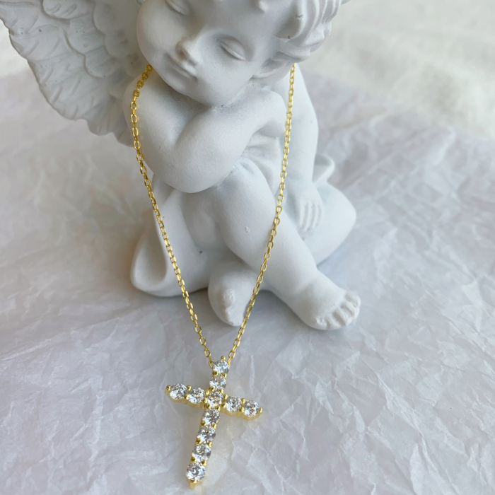 Colier Cruce Argint Gold cu Zirconiu Alb [5]