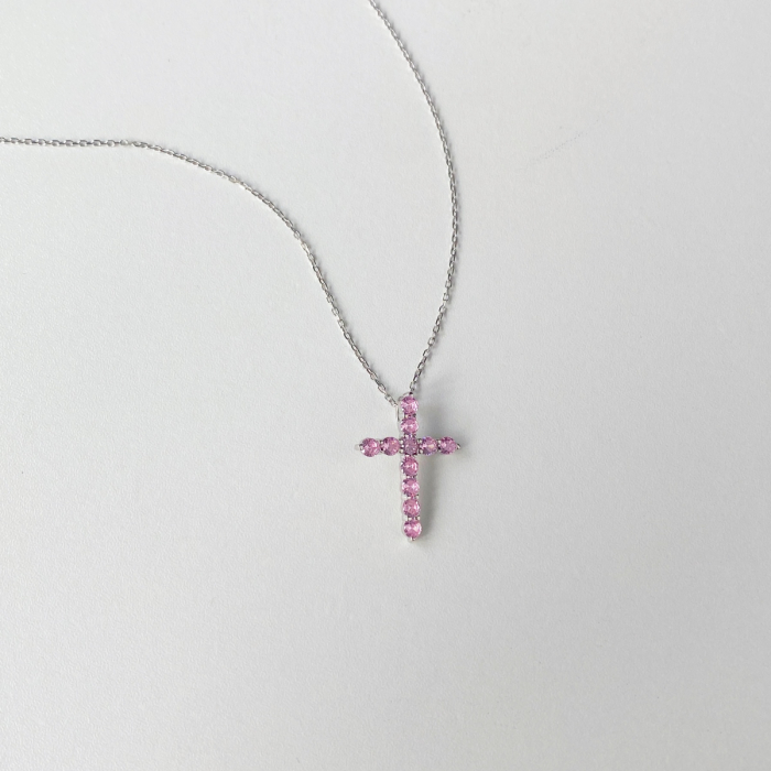 Colier Cruce Argint Rosa cu Zirconiu Roz [2]