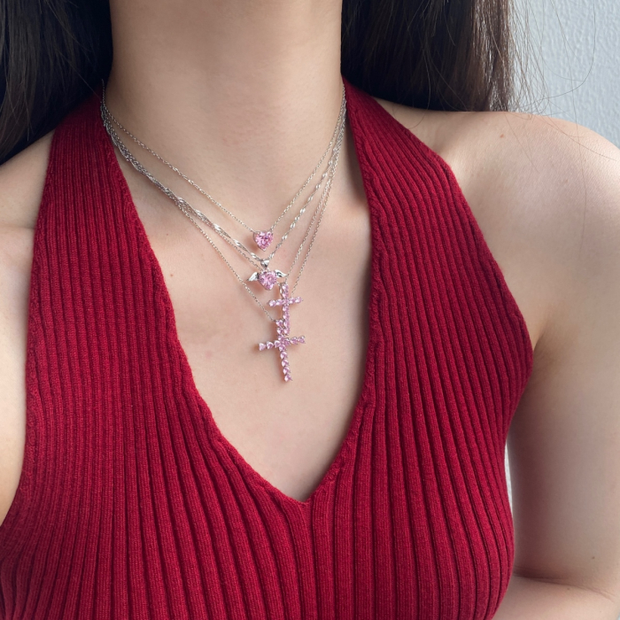 Colier Cruce Argint Rosa cu Zirconiu Roz [3]