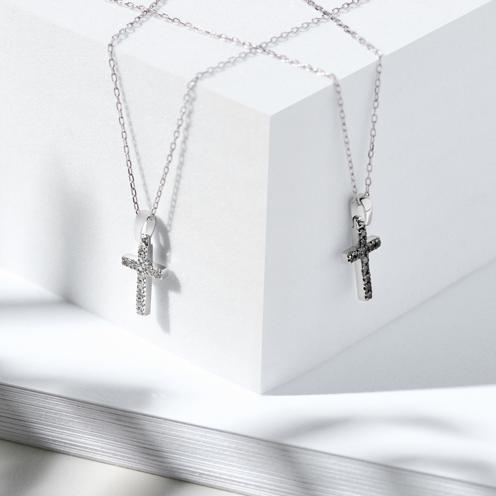 Lant cu Pandantiv Cruce din Aur Alb 18k cu Diamante Naturale Negre [2]