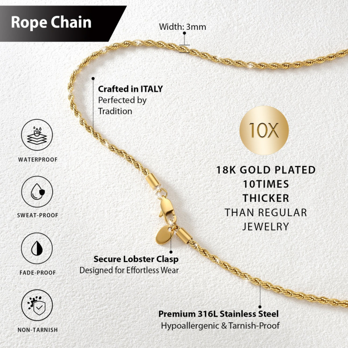 Lanț Rope Gold 3 mm din Oțel Inoxidabil – 55 cm [3]