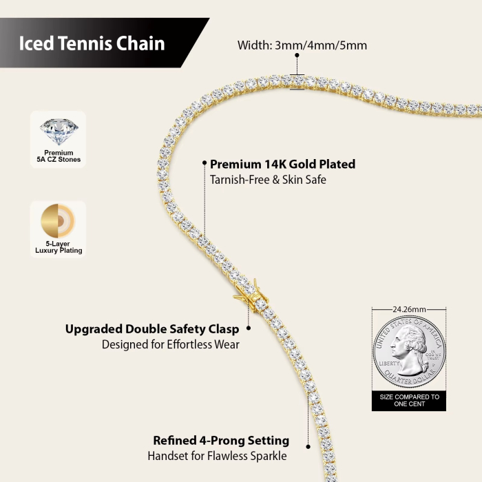 Lant Tennis Gold Elements 3 mm, 45 cm, Otel Inoxidabil [3]