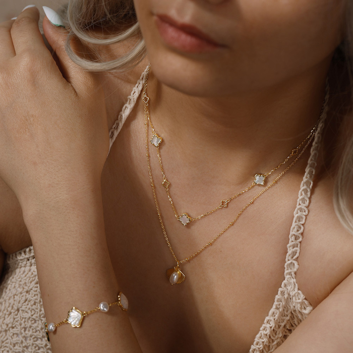 Set Clover Pearl din Argint 925 Placat cu Aur 14K și Sidef Natural – Colier, Brățară și Cercei [6]