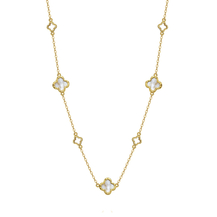 Set Clover Pearl din Argint 925 Placat cu Aur 14K și Sidef Natural – Colier, Brățară și Cercei [5]