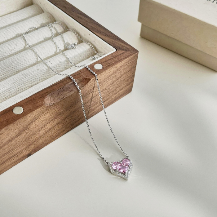 Set Valentine's Colier, Cercei si Inel Inimioara Roz, Argint 925 [4]