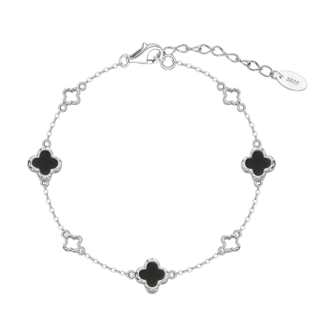 Brățară Clover Onyx din Argint 925 Placată cu Rodiu și Onix Negru