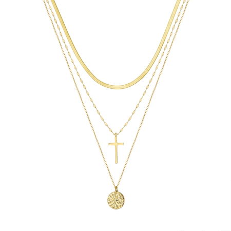 Noutati - Colier Argint Triplu Snake, Cruce, Medalion Vintage, Placat cu Aur