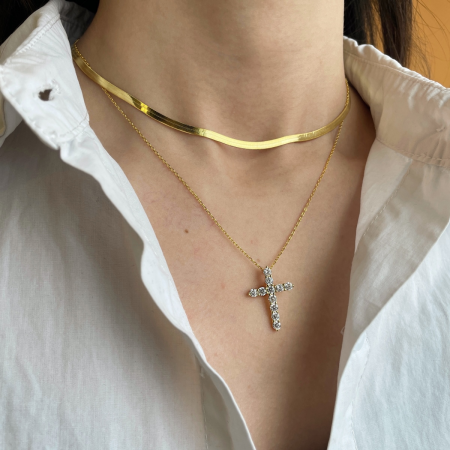 Colier Cruce Argint Gold cu Zirconiu Alb [1]