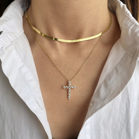 Colier Cruce Argint Gold cu Zirconiu Alb [5]