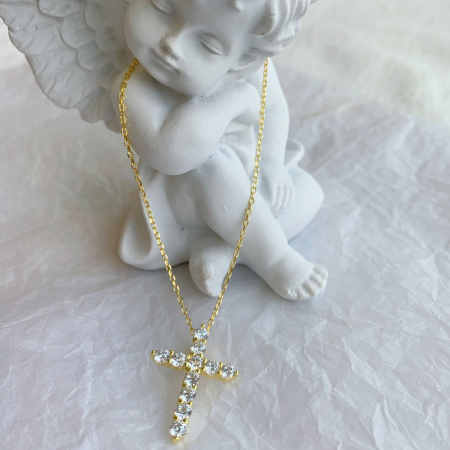 Colier Cruce Argint Gold cu Zirconiu Alb [4]