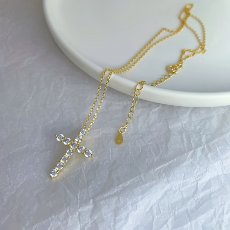 Colier Cruce Argint Gold cu Zirconiu Alb [3]