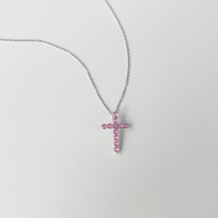 Colier Cruce Argint Rosa cu Zirconiu Roz [1]