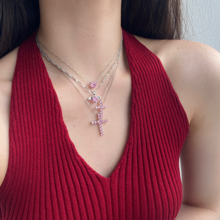 Colier Cruce Argint Rosa cu Zirconiu Roz [2]