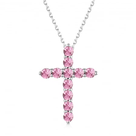 Noutati - Colier Cruce Argint Rosa cu Zirconiu Roz