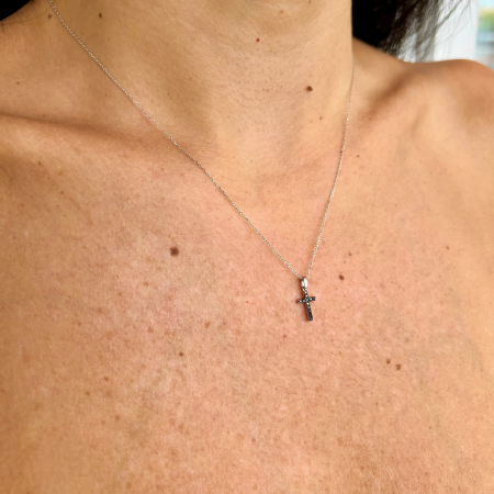 Lant cu Pandantiv Cruce din Aur Alb 18k cu Diamante Naturale Negre [3]