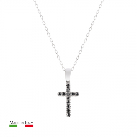 Produse - Lant cu Pandantiv Cruce din Aur Alb 18k cu Diamante Naturale Negre