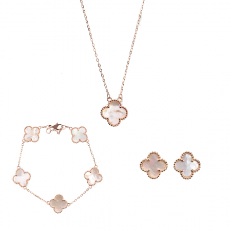 Set Bratara, Colier si Cercei Lucky cu Trifoi, Alb cu Rose Gold