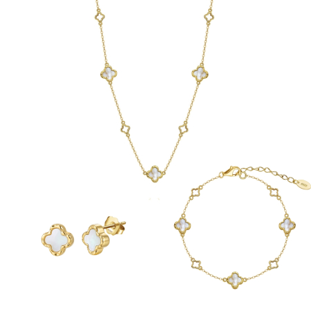 Noutati - Set Clover Pearl din Argint 925 Placat cu Aur 14K și Sidef Natural – Colier, Brățară și Cercei