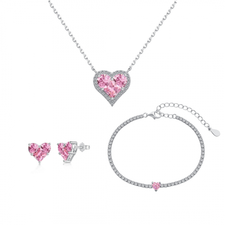 Noutati - Set Valentine's Colier, Cercei si Inel Inimioara Roz, Argint 925