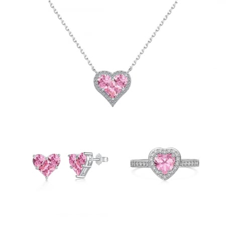 Noutati - Set Valentine's Colier, Cercei si Inel Inimioara Roz, Argint 925