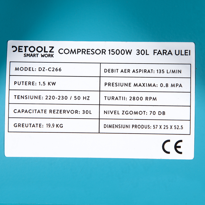Compresor de aer fara ulei, 1500W, 30L, Detoolz DZ-C266 [3]