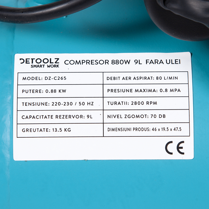 Compresor de aer, fara ulei, 880W, 9L, Detoolz DZ-C265 [7]